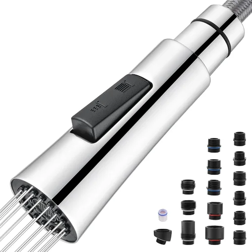 Miniatura 10 de J-HVA Repuesto de cabezal de grifo de cocina de metal, cabezal rociador desplegable con 15 adaptadores, 2 modos de repuesto de cabezal de rociador