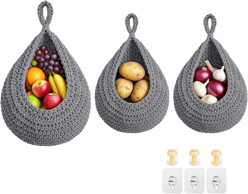 Miniatura 7 de Cestas colgantes de frutas para cocina, paquete de 3 cestas bohemias de cuerda de algodón tejida a mano para almacenamiento de verduras montadas
