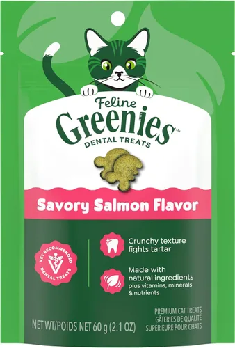 Greenies Golosinas para gatos, golosinas dentales naturales para gatos adultos recomendadas por veterinarios felinos, sabroso sabor a salmón, bolsa