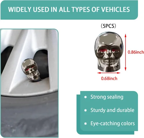 Miniatura 2 de Dickno 5 tapas de vástago de válvula de neumático estilo calavera con anillo de goma, cubiertas de tapones de aire para coche de ojos rojos, tapas