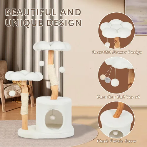 Miniatura 5 de Bonita torre de árbol para gatos de interior y adultos, árboles de madera con 6 pompones, moderna torre de árbol para gatos con poste rascador