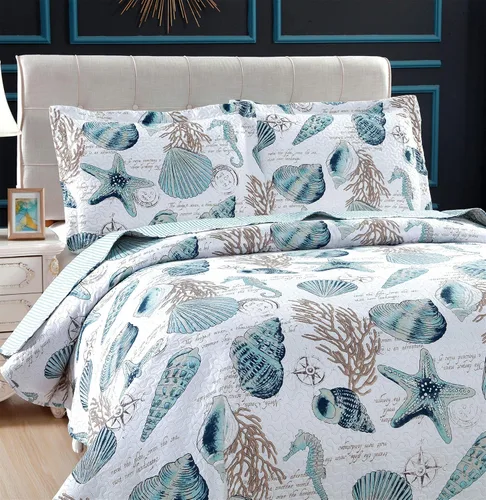 Miniatura 2 de Juego de cama reversible de 3 piezas con diseño náutico, tamaño Queen (90x90 Pulgadas), con conchas de mar azul-verde y coral, juego de colcha