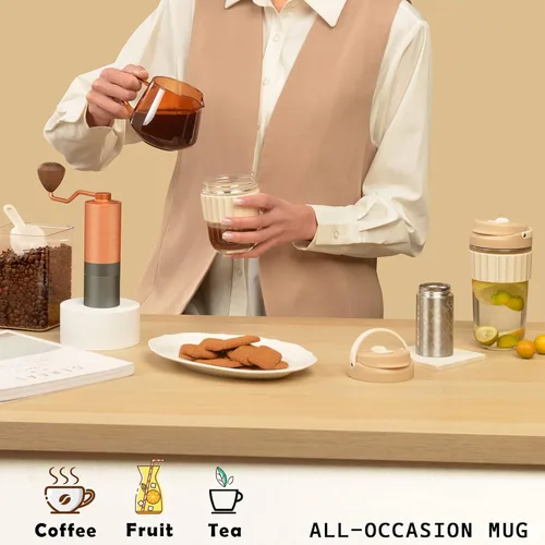 Miniatura 5 de Taza de café de vidrio a prueba de fugas con tapa de bloqueo, taza de café reutilizable de 17 onzas con filtro de acero inoxidable, infusor de té