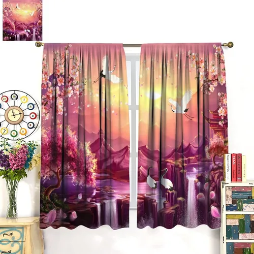 Miniatura 3 de Cortinas de estilo japonés, flor de cerezo, grúa de amanecer, estilo asiático, cortinas opacas para dormitorio, sala de estar, juego de 2 paneles