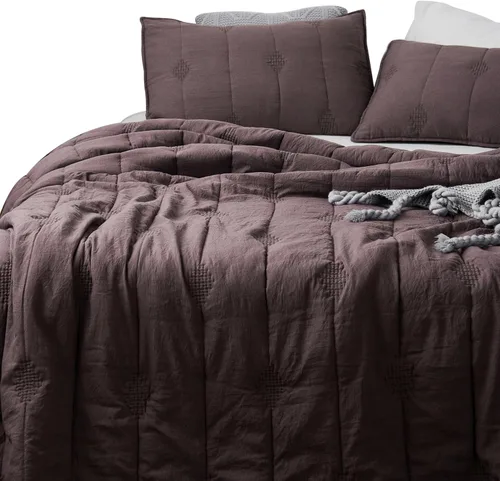 Juego de edredón tamaño Queen, juego de ropa de cama ligera, tela suave lavada, marrón, colcha bordada bohemia, para todas las estaciones, lavable a