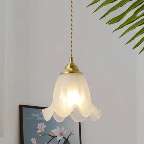 Miniatura 6 de Lámpara colgante con forma de flor retro nórdica, moderna lámpara colgante colgante de cúpula dorada con pantalla de vidrio esmerilado, cable