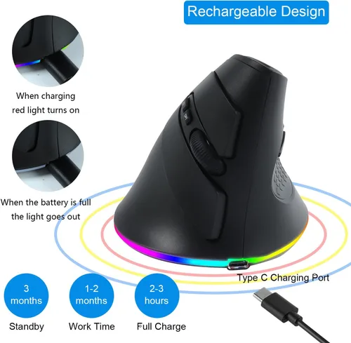 Miniatura 4 de Ratón vertical inalámbrico ergonómico Bluetooth, conexión de 3 dispositivos (BT1/BT2 + USB de 2.4 G), RGB 3200 DPI tipo C recargable portátil