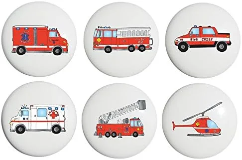 Juego de 6 pomos de cerámica para cajones de camión de bomberos, pomos de gabinete para decoración de habitación de niños