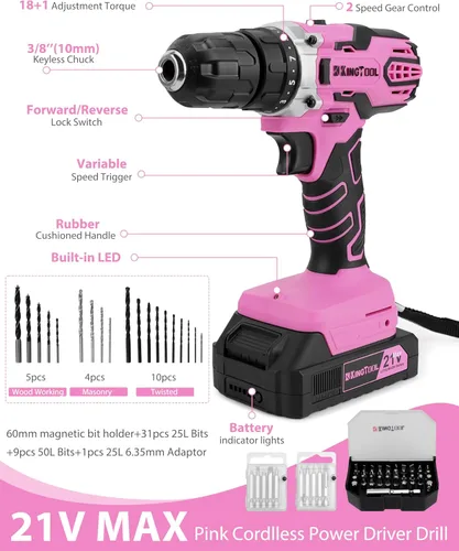 Miniatura 4 de KingTool - Juego de herramientas de 267 piezas - Juego de herramientas rosa con taladro inalámbrico de 21 V, juego de herramientas para mujeres