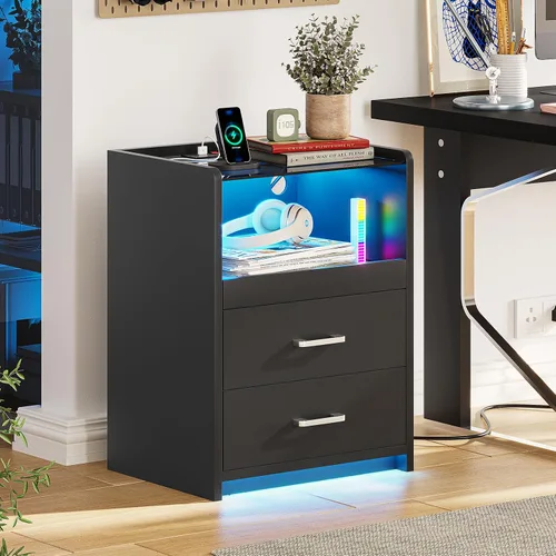 Miniatura 7 de VIAGDO Mesita de noche con estación de carga y luces LED, mesita de noche negra con parte superior de vidrio y cajones de almacenamiento, mesas