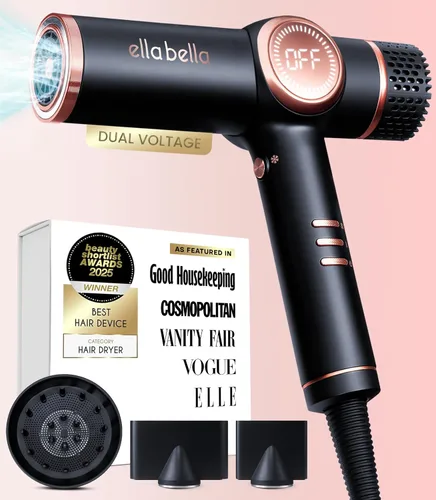 ELLA BELLA® Secador de pelo iónico profesional con difusor • Secador de iones negativos de doble voltaje • Adecuado para todo tipo de cabello •