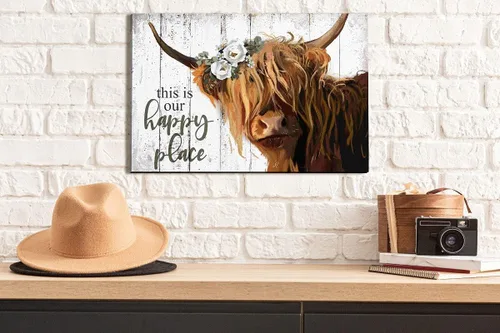 Miniatura 5 de Arte de pared de vaca de las montañas – This Is Our Happy Place - Póster de lienzo inspirador para el hogar, vaca escocesa de pelo largo con imagen