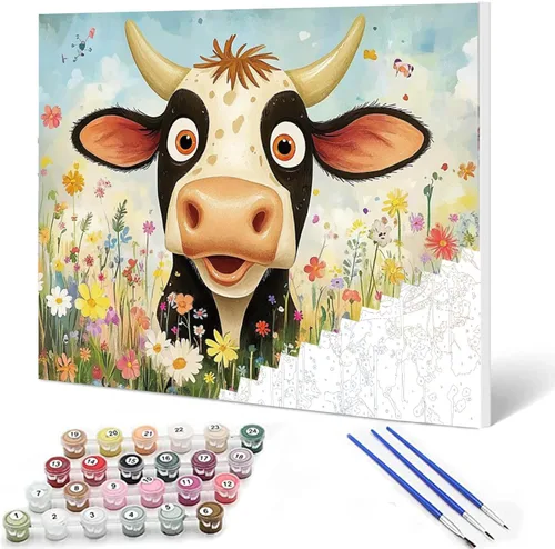 Bumbers - Pintura de vaca de animales de granja para adultos, principiantes, pintura de buey de granja, bricolaje por números, lienzo de pintura