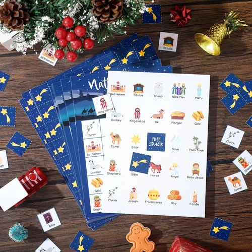 Miniatura 3 de Shappy Juego de Bingo de Natividad Navideña de 35 Piezas, Juego de Bingo Cristiano para 24 Jugadores, Tarjetas de Natividad para Familia, Amigos