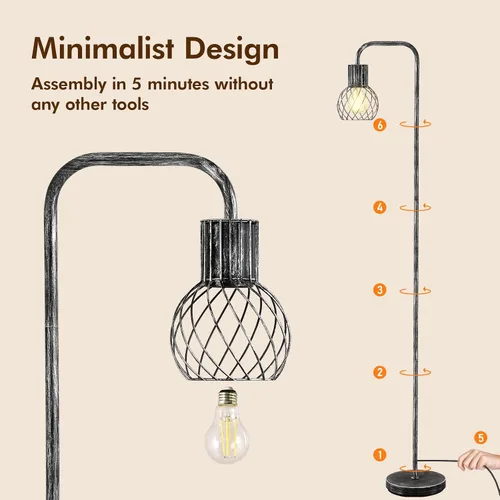 Miniatura 7 de Lámpara de pie industrial, lámpara de pie plateada antigua moderna con bombilla LED de 6 W, interruptor de pie, lámparas altas de metal para sala