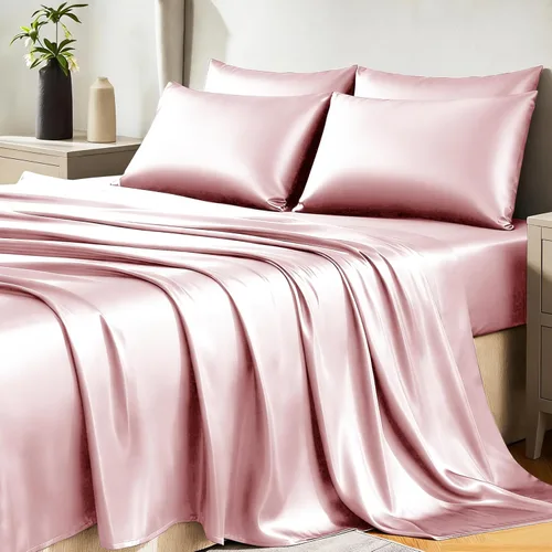 Miniatura 23 de CozyLux Sábanas de satén tamaño King – Juego de sábanas de 4 piezas color rosa con microfibra sedosa, 1 sábana bajera de bolsillo profundo, 1 sábana