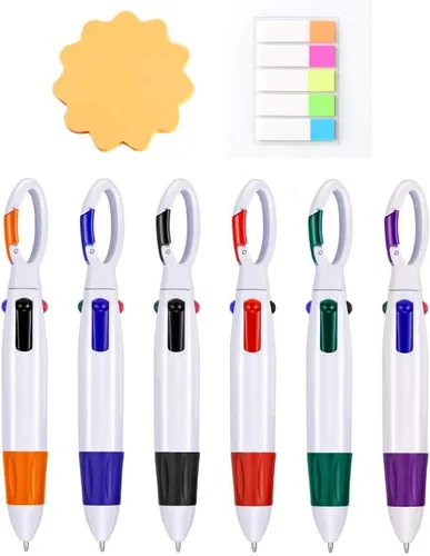 Bolígrafos retráctiles multicolor de 0.028 in, tinta de 4 colores (negro, azul, rojo, verde) en un bolígrafo con mosquetón y llavero en la parte