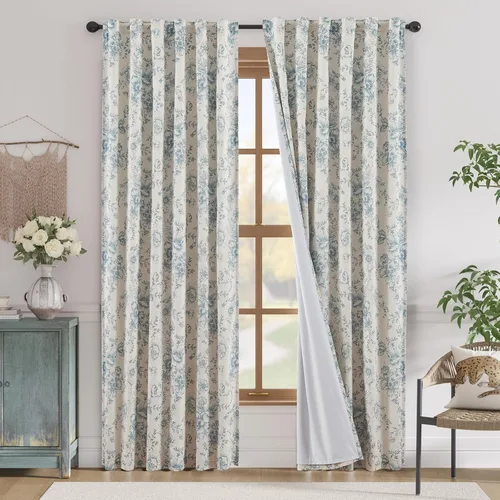 Miniatura 49 de Jinchan Cortinas de Mezcla de Lino con Estampado Floral para Sala de Estar, 84 Pulgadas de Largo, Cortinas con Bolsillo para Varilla y Tab Trasera