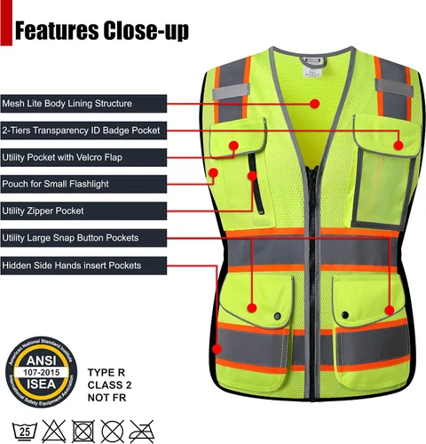 Miniatura 3 de Chaleco de seguridad reflectante para mujeres, chaleco de malla de alta visibilidad con 8 bolsillos y cremallera frontal, chaleco de alta Amarillo