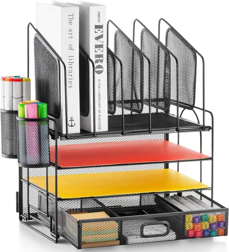 Miniatura 15 de Marbrasse Organizador de escritorio con cajón, organizador de archivos de malla de 4 niveles con 5 soportes verticales para archivos y 2 soportes