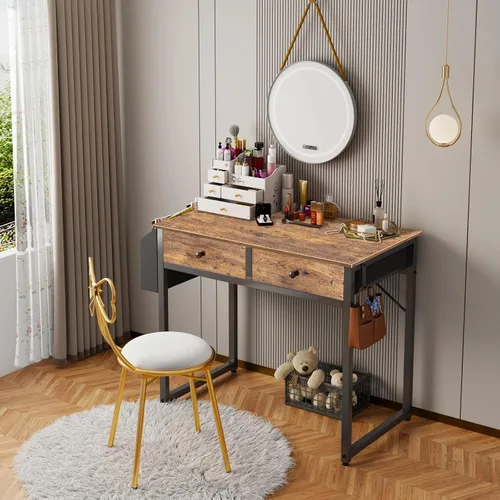 Miniatura 5 de Lufeiya Escritorio pequeño para computadora con 2 cajones para dormitorio, escritorio de oficina en casa de 31 pulgadas con cajón de tela de Marrón