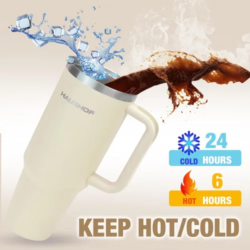 Miniatura 6 de HAUSHOF Vaso de 40 onzas con asa y pajita, vaso de café aislado de acero inoxidable con tapa Tritan, taza de viaje de doble pared, botella de agua