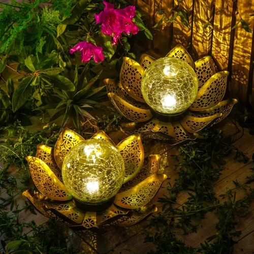 Miniatura 2 de DUSVALLY Luz solar de jardín flor de loto con globo de cristal agrietado, lámpara decorativa de metal para exteriores, luz LED impermeable