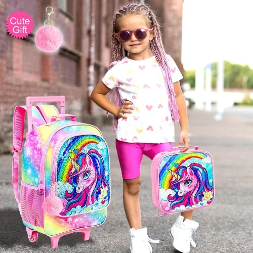 Miniatura 2 de Mochila con ruedas para niñas y niños, 3 unidades, con ruedas, con lonchera, mochilas con ruedas para primaria