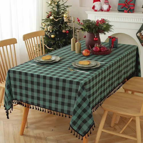 Miniatura 10 de JIALE - Mantel cuadrado de lino de algodón de cuadros Gingham con borlas, lavable, sin arrugas, mantel a cuadros de búfalo para fiesta al aire