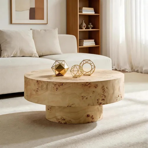 Miniatura 11 de Mesa de centro moderna de madera redonda acanalada, Ø31.5 x 13.8 pulgadas de alto, espacio pequeño, color marrón, tambor circular, centro estriado