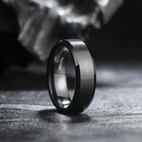 Miniatura 41 de King Will Anillo de boda de tungsteno para hombre, disponible en 15/64 a 25/64 de pulgada (6 a 10 mm), negro/plata, acabado mate, borde pulido