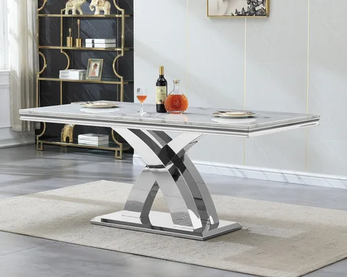 Miniatura 23 de Juego de mesa de comedor de mármol sintético blanco plateado de 68 pulgadas para 4, juego de mesa rectangular de 5 piezas con patas de acero Mesa