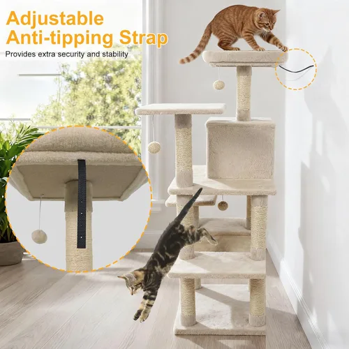 Miniatura 7 de DORTALA Árbol para gatos de interior, torre para gatos de 58 pulgadas de alto con percha superior, condominio, hamaca, postes rascadores de sisal, 3
