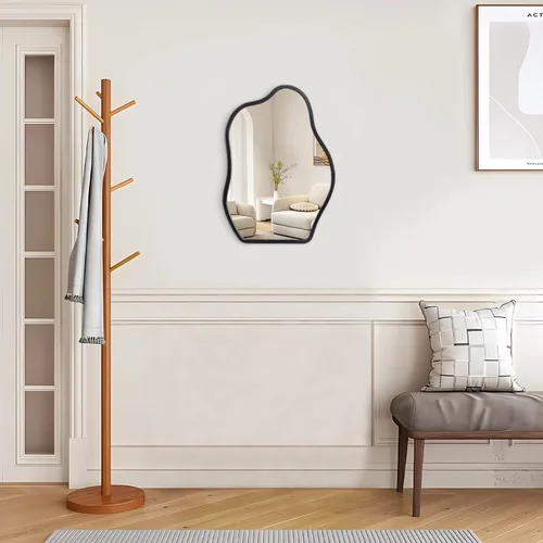 Miniatura 5 de Espejo de pared asimétrico con marco de madera, espejo colgante moderno irregular para pared para tocador, sala de estar, dormitorio, baño, entrada