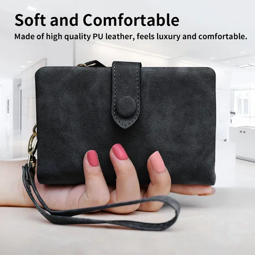 Miniatura 7 de CONISY Billeteras pequeñas de pulsera para mujer, billetera de cuero plegable RFID con ventana de identificación y cremallera Small, Bifold, RFID