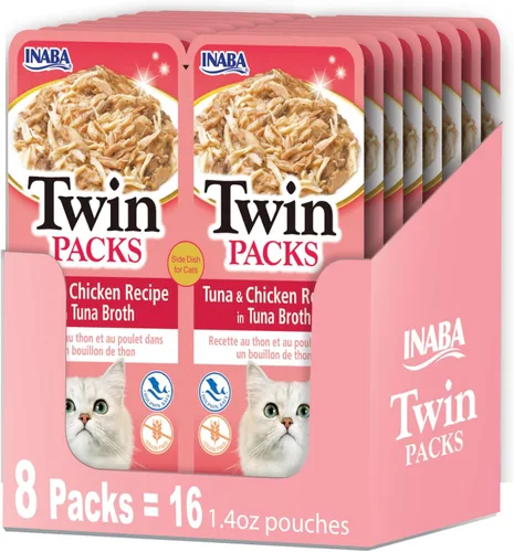 INABA Paquetes Dobles para Gatos, Bolsa de Guarnición/Aderezo, 1.4 Onzas por Porción, 16 Porciones, Receta de Atún y Pollo en Caldo de Atún