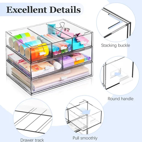 Miniatura 4 de Organizador de Escritorio Apilable de 3 Niveles con 6 Cajones, YOCOMEY Caja de Almacenamiento de Escritorio de Plástico con Cajones, Organizador