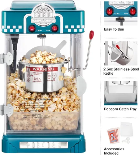 Miniatura 3 de Great Northern Popcorn Machine Little Bambino - Máquina de palomitas de maíz para mesa de cine de 2.5 onzas con hervidor de acero inoxidable (azul)