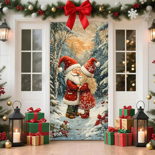 Cubierta de Puerta de Navidad Papá Noel Muñeco de Nieve Árbol de Navidad Corona Pancarta Decoración de Vacaciones de Invierno para Puerta Principal