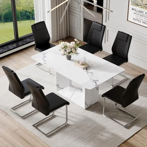 Miniatura 19 de Conjunto de mesa de comedor MUUOKY para 4, mesa de cocina de 63'' y sillas para 4, conjunto de mesa gris y 4 sillas modernas, adecuado para comedor