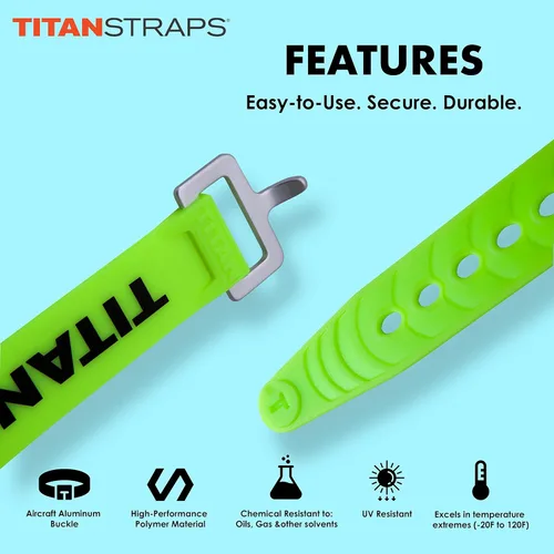 Miniatura 3 de Titan Utility Straps - Correas de tensión fáciles de usar y fiables para asegurar bicicletas y motocicletas, esquís, mangueras de jardín, Verde lima
