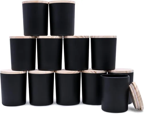 Miniatura 13 de SHOWIN Tarros de vela gruesos de 14 OZ para hacer velas 12 Piezas, tarros vacíos de 3 mechas con tapas de madera para hacer velas, recipiente