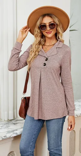 Miniatura 3 de Newchoice Blusa de manga larga para mujer, para leggings, casual, cuello de muesca, con botones, sudadera sin botones