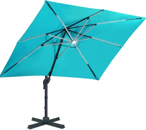 Miniatura 9 de Sunnyglade Sombrilla de patio voladiza LED de 10 x 10 pies con energía solar, sombrilla cuadrada de lujo con rotación de 360° y sistema de Azul