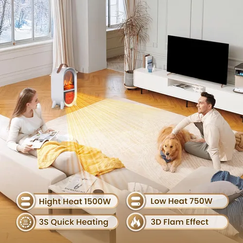Miniatura 2 de Riseon - Calentador de chimenea eléctrico portátil, 1500W/750W, mini calentador de espacio para uso en interiores con llama 3D, termostato, asa