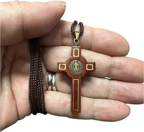 Miniatura 5 de Catholica Shop Collar con medalla de San Benito de madera con crucifijo en cordón para hombres y mujeres – Colgante religioso hecho a mano