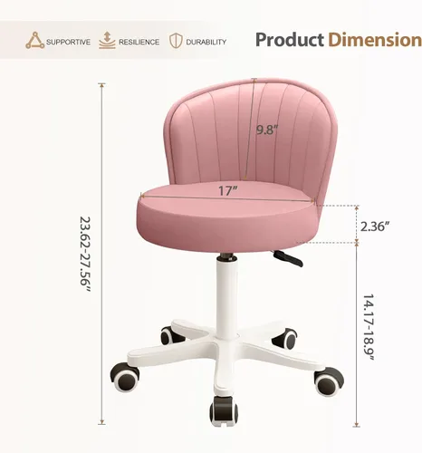 Miniatura 2 de Silla Pequeña Redonda de Escritorio con Ruedas Sin Brazos Cómoda Silla de Tocador para Computadora con Respaldo Bajo de Cuero PU Altura Ajustable