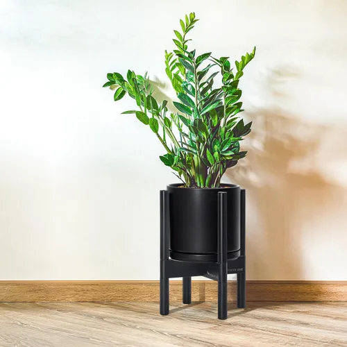Miniatura 2 de D'vine Dev Maceta de cerámica con soporte de ébano – Maceta redonda moderna de 8 pulgadas con soporte para maceta de madera, color negro, 55-B-M-2
