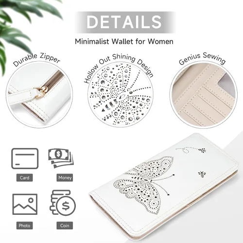 Miniatura 4 de KITEVIUN Cartera RFID para Mujeres Ultra Delgada Fina Cartera de Mujer Compacta Clutch Cartera Larga para Damas, 01-Blanco, Moderno