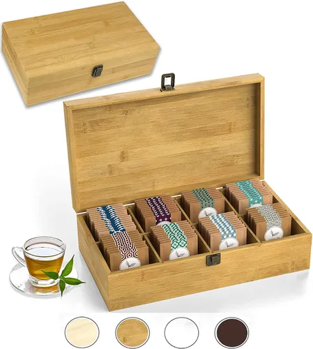 Miniatura 12 de Caja Organizadora de Té de Bambú Libre de Químicos Ecológica Grande, Alta, Compartimentos Ajustables Cofre de Almacenamiento de Madera Natural